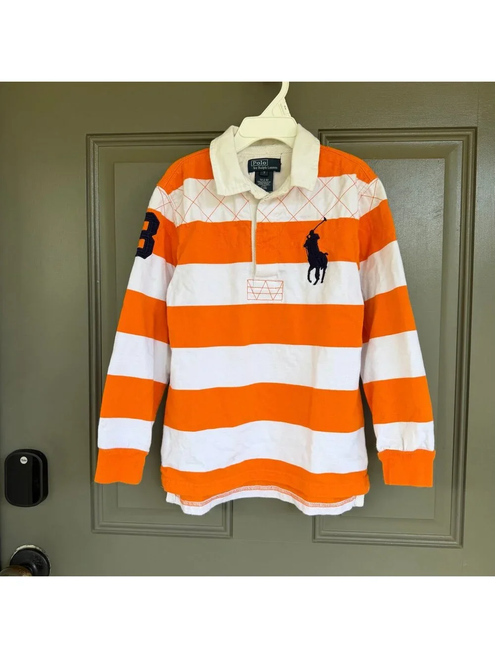 Polo Ralph Lauren Kids Orange/White Striped Big Pony Rugby Shirt Size 7